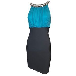 NEW Maria Bianca Nero Dress Silk Halter A-Line Black Teal Diamonds Women 0